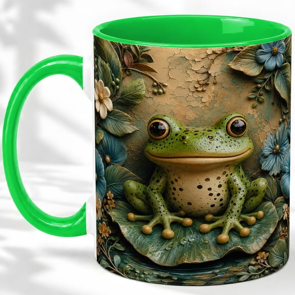 Green Frog Lily Pad Accent Mug, 11oz Ceramic Coffee Cup for Frog Lovers