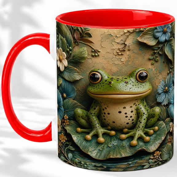 Green Frog Lily Pad Accent Mug, 11oz Ceramic Coffee Cup for Frog Lovers