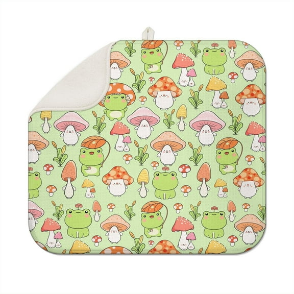 Green Frog & Mushroom Drying Mat - Super Absorbent Microfiber Countertop Pad with Cute Cartoon Print, Multipurpose Heat Resistant Mat