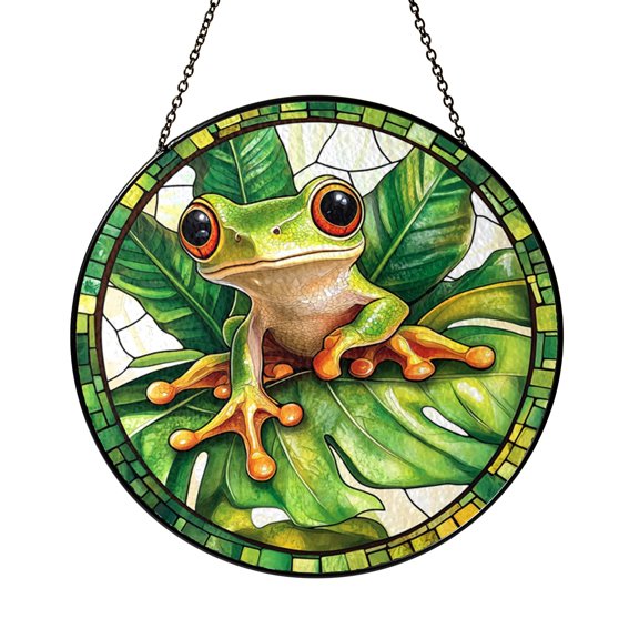 Green Frog Nature Stained Glass Style Window Suncatcher, Decorative Animal Window Hanging Decor Ornament