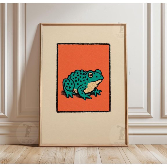 Green Frog Orange Background Minimal Poster Unframed Paper Print