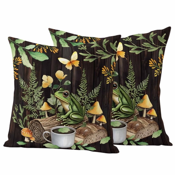 Green Frog Outdoor Waterproof Pillow Covers, Butterfly Plant Flowers Mushroom Coffee Brown Decorative Square Throw Pillowcase Sofa Cushion Sham for Patio/Couch/Chair, 26"x26" 2 Pack