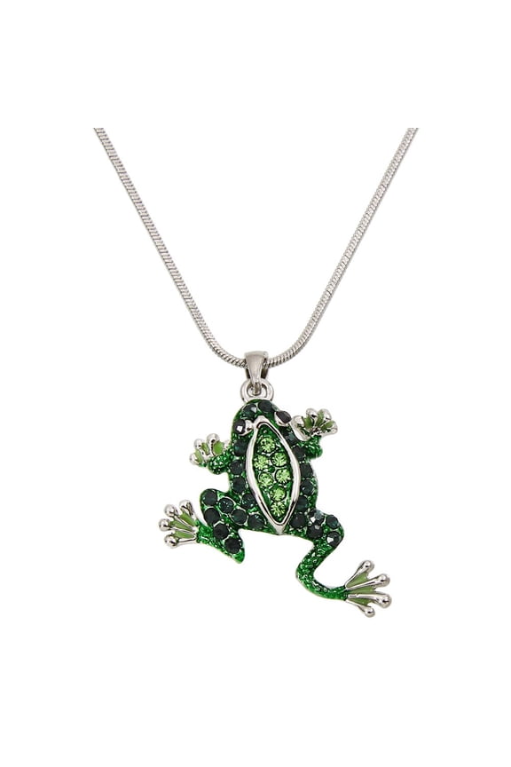 Green Frog Pendant Necklace Rhinestone Crystal Rhodium High Polished J0050-GN