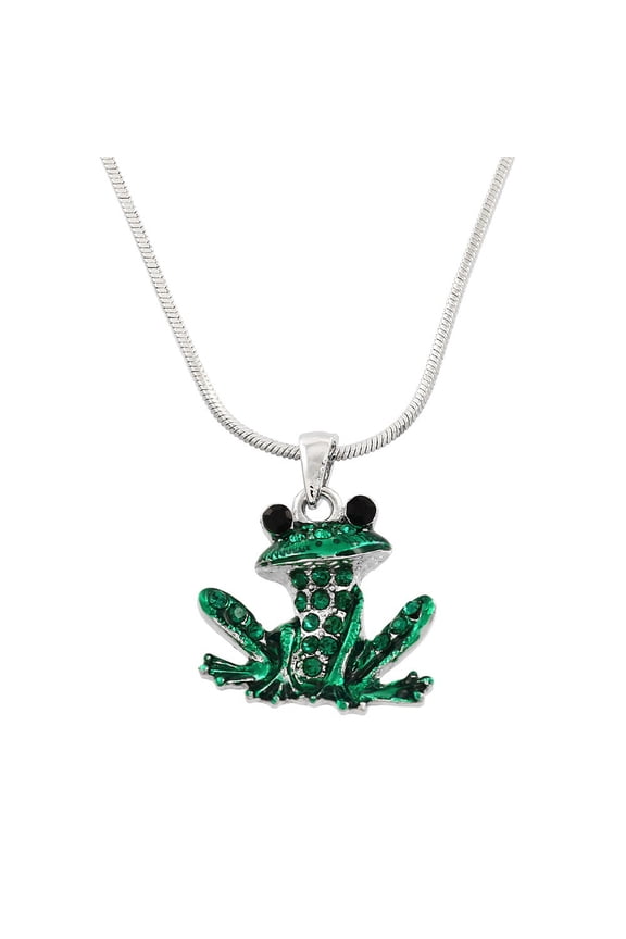 Green Frog Pendant Necklace Rhinestone Crystal Rhodium High Polished J0053-EM