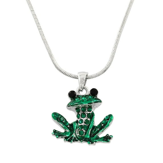 Green Frog Pendant Necklace Rhinestone Crystal Rhodium High Polished J0053-EM