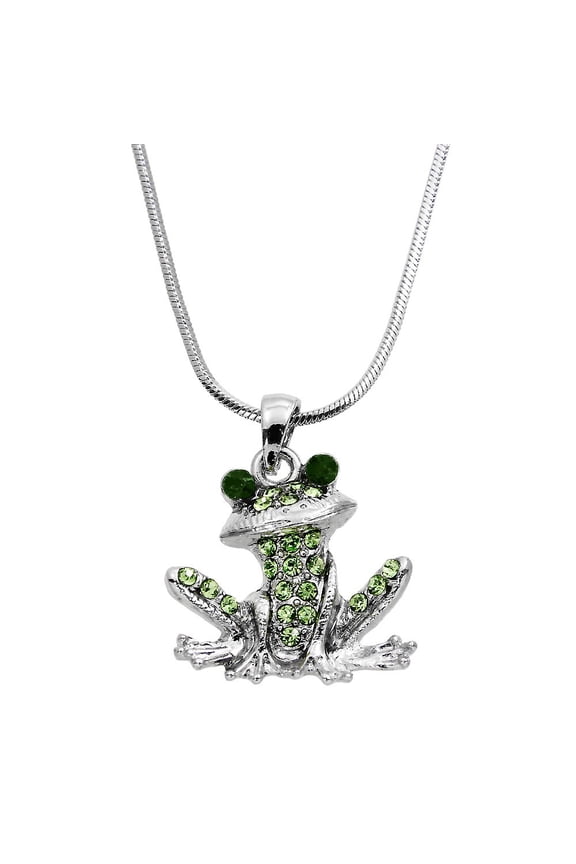 Green Frog Pendant Necklace Rhinestone Crystal Rhodium High Polished J0053-GN