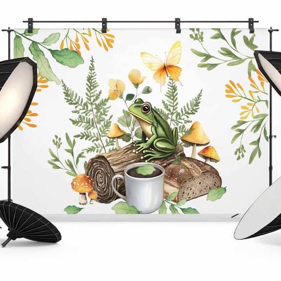 Green Frog Photography Backdrop 7x5FT, Coffee Mushroom Butterfly Pastoral Flowers Photo Backdrops, Background for Photography Studio Photo Studio Background, Back Drop for Photoshoot