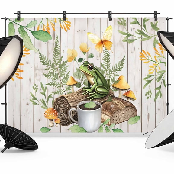 Green Frog Photography Backdrop 7x5FT, Coffee Mushroom Butterfly White Wood Broad Photo Backdrops, Background for Photography Studio Photo Studio Background, Back Drop for Photoshoot