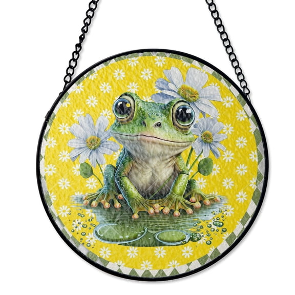 Green Frog Pond Nature Suncatcher, Stained Glass Style UV Printed Glass, Amphibian Animal Lover Decor, Round