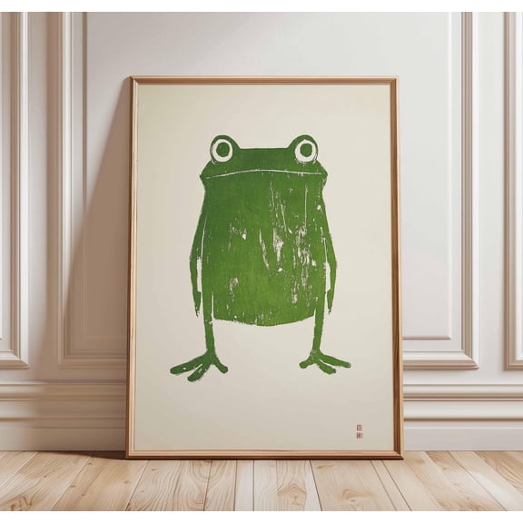 Green Frog Poster – Minimalist Animal Art, Retro Frog Illustration, Japanese-Inspired Nature Wall Art, Eco-Friendly Home Decor