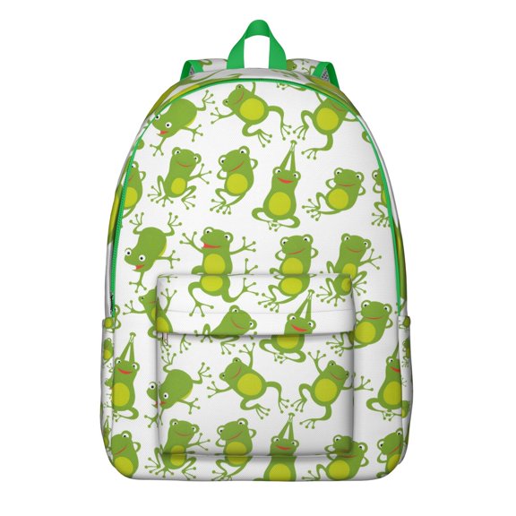Green Frog Print Laptop Backpack for Students, Lightweight and Durable School Bag with Forest and Plant Cartoon Design