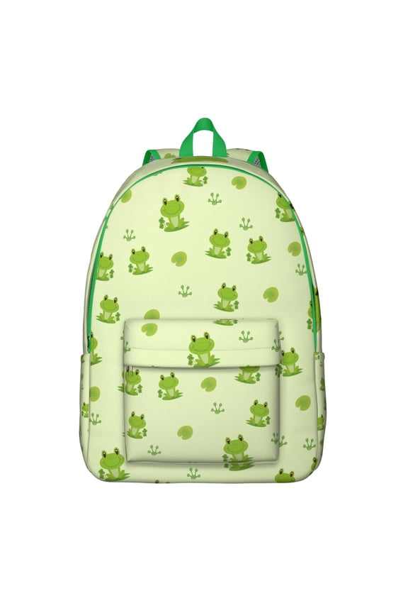 Green Frog Print Laptop Backpack for Students, Lightweight and Durable School Bag with Forest and Plant Cartoon Design