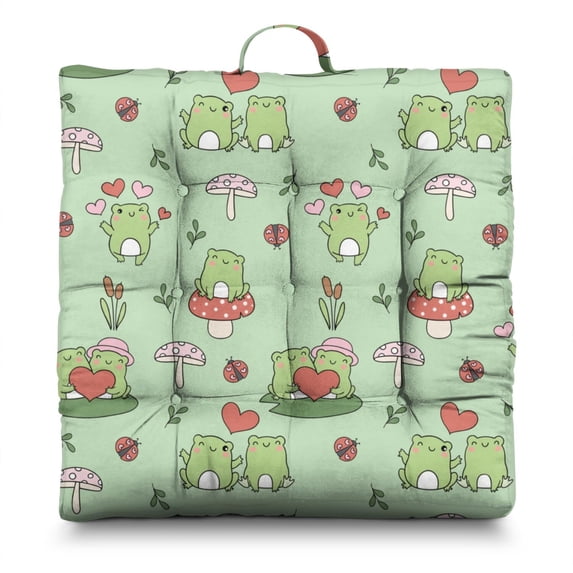 Green Frog Print Meditation Cushion - Thick Square Floor Pillow with Nature Forest Pattern for Yoga & Sitting, 4.7" Fluffy Support