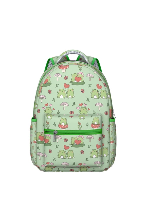 Green Frog Print Student’s Backpack Durable Waterproof School Bag with Cute Cartoon Frog, Breathable Foam Padding, Adjustable Shoulder Straps, Large Capacity for Outdoor Activities