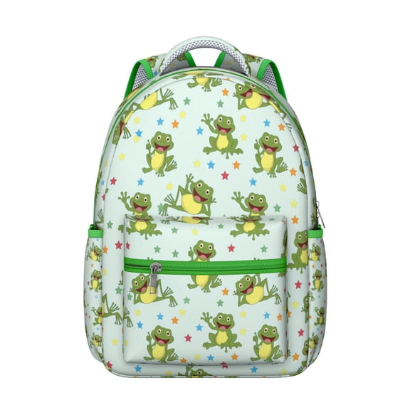 Green Frog Print Student’s Backpack Durable Waterproof School Bag with Cute Cartoon Frog, Breathable Foam Padding, Adjustable Shoulder Straps, Large Capacity for Outdoor Activities