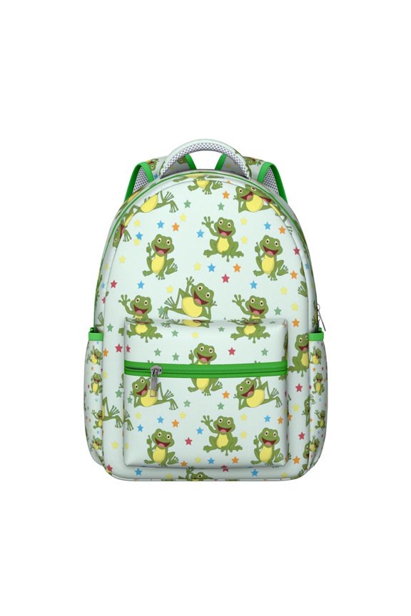 Green Frog Print Student’s Backpack Durable Waterproof School Bag with Cute Cartoon Frog, Breathable Foam Padding, Adjustable Shoulder Straps, Large Capacity for Outdoor Activities