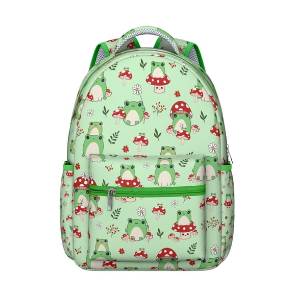 Green Frog Print Student’s Backpack Durable Waterproof School Bag with Cute Cartoon Frog, Breathable Foam Padding, Adjustable Shoulder Straps, Large Capacity for Outdoor Activities