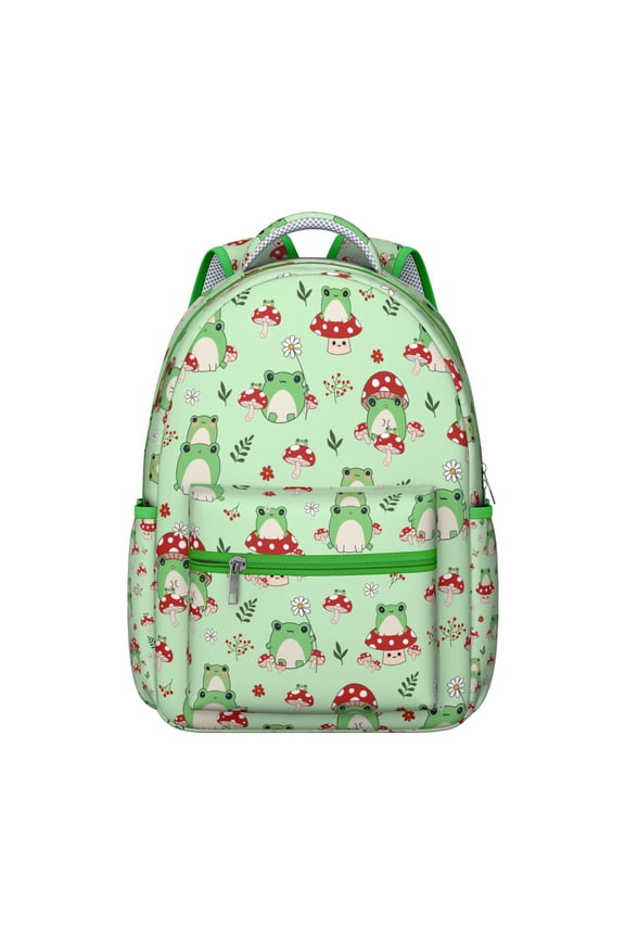 Green Frog Print Student’s Backpack Durable Waterproof School Bag with Cute Cartoon Frog, Breathable Foam Padding, Adjustable Shoulder Straps, Large Capacity for Outdoor Activities