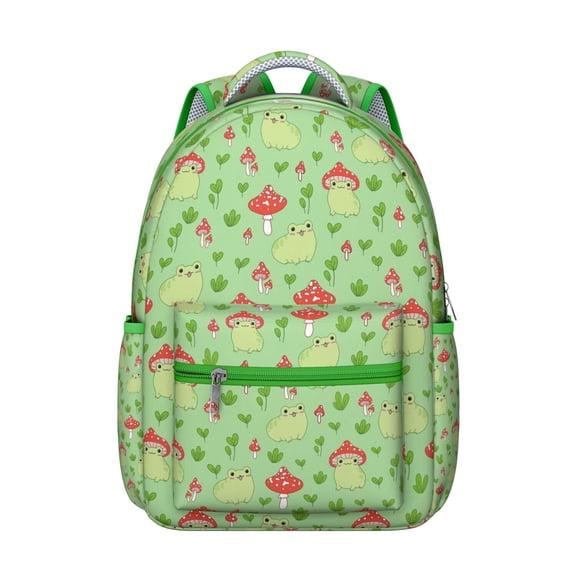 Green Frog Print Student’s Backpack Durable Waterproof School Bag with Cute Cartoon Frog, Breathable Foam Padding, Adjustable Shoulder Straps, Large Capacity for Outdoor Activities