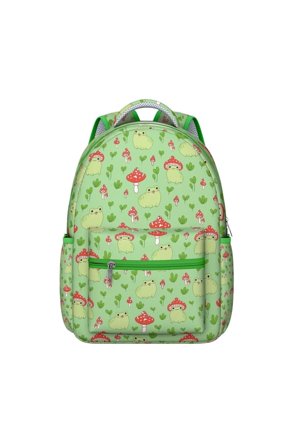 Green Frog Print Student’s Backpack Durable Waterproof School Bag with Cute Cartoon Frog, Breathable Foam Padding, Adjustable Shoulder Straps, Large Capacity for Outdoor Activities