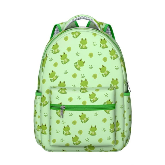 Green Frog Print Student’s Backpack Durable Waterproof School Bag with Cute Cartoon Frog, Breathable Foam Padding, Adjustable Shoulder Straps, Large Capacity for Outdoor Activities