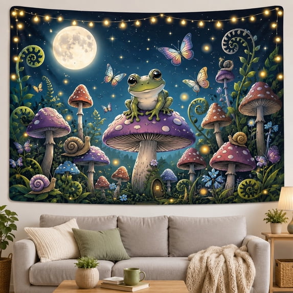 Green Frog on a Purple Mushroom, Whimsical Illustration for Nature Lovers, Moonlit Fairy Forest Decor, Housewarming Gift, Tapestry Wall Hanging for Bedroom and Dorm