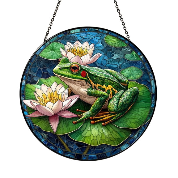 Green Frog Resting on Lily Pad Stained Glass Style Round Window Suncatcher Decor, Pond Nature Art Gift