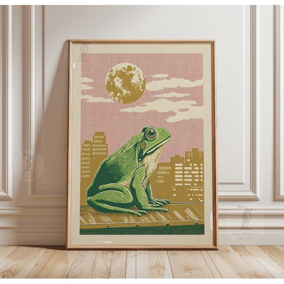 Green Frog Rooftop Poster Pink Moon Cityscape Linocut Wall Art Decor, Unframed Poster
