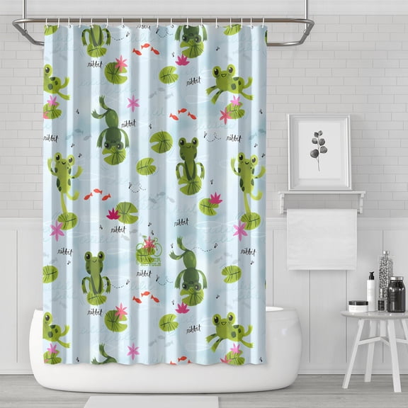 Green Frog Shower Curtain - Cute Cartoon Frog with Mushroom & Flower Print, Nature Inspired Forest Pattern, Waterproof Quick-Dry Bathroom Curtain 72x72 Inch