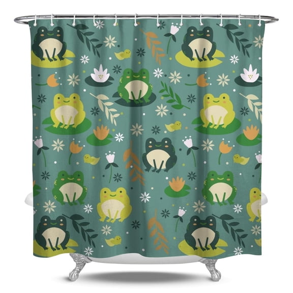Green Frog Shower Curtain - Cute Cartoon Frog with Mushroom Flower Print, Waterproof Bathroom Curtain 84x72 Inch, Fade-Resistant Polyester Fabric with Metal Grommets & 12 Hooks