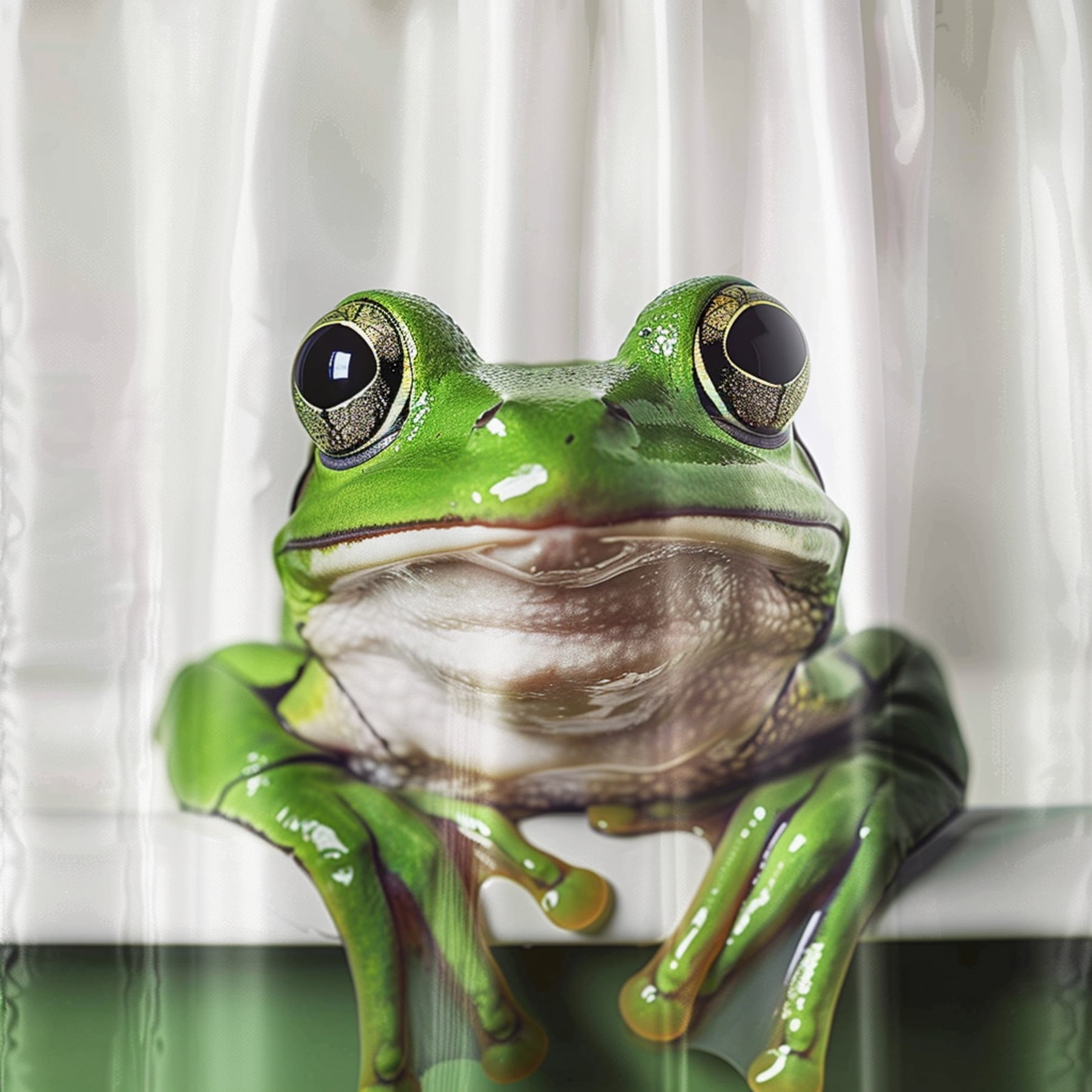 Green Frog Shower Curtain Cute Hyper Realistic Photography Big Eyes