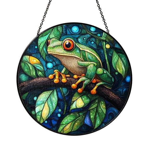 Green Frog Stained Glass Suncatcher Window Hanging, Pond Inspired Nature Home Accent