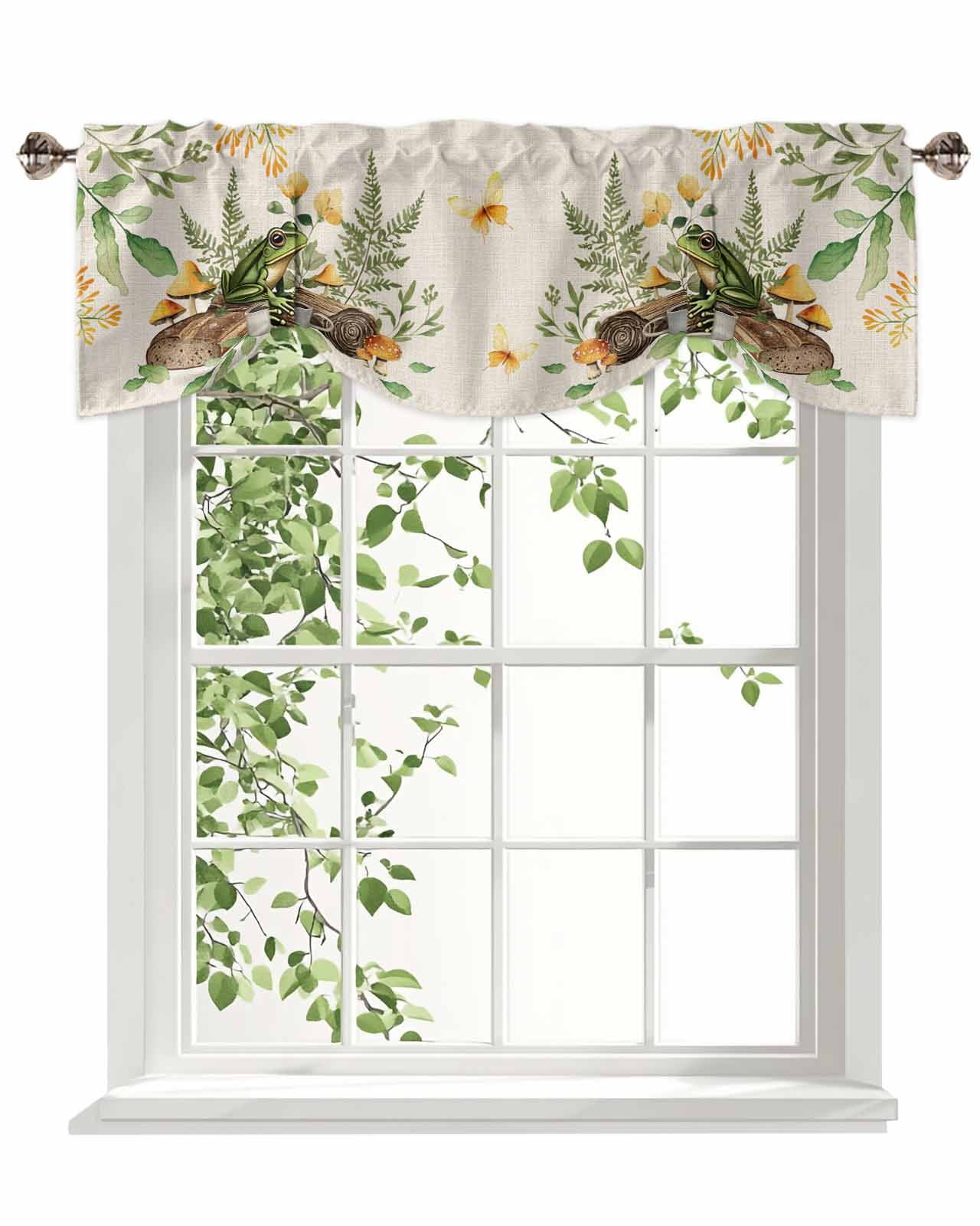 Green Frog Tie Up Valances Curtain, Adjustable Kitchen Coffee Mushroom Butterfly Vintage Linen Valances for Windows Decor, Rod Pocket Short Curtains Set for Bedroom/Bathroom, 54"x18"
