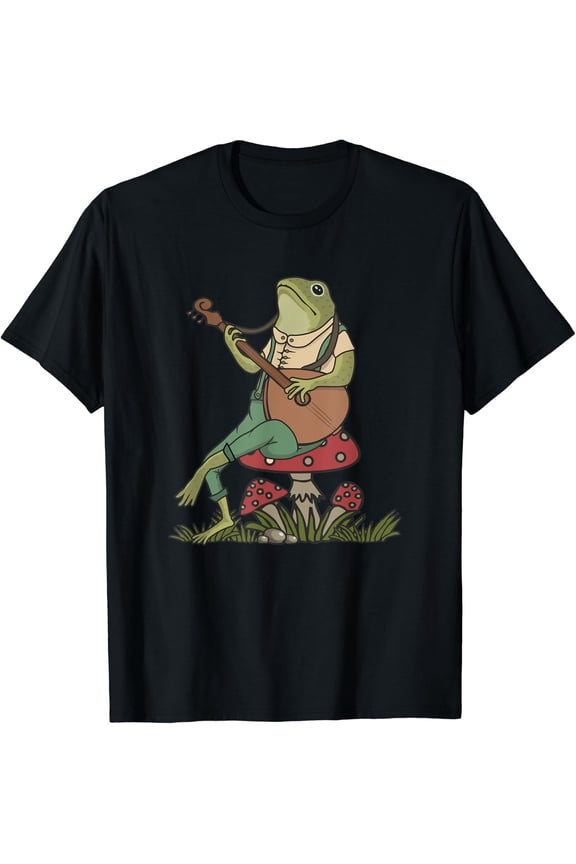 Green Frog Toad Animal Sitting On Mushrooms Playing Music T-Shirt Size S-5XL