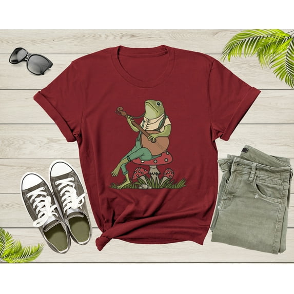 Green Frog Toad Animal Sitting on Mushrooms Playing Music T-Shirt Frog Lover Shirt Frog And Toad Mushroom Shirt Frog Lover Animal Tshirt