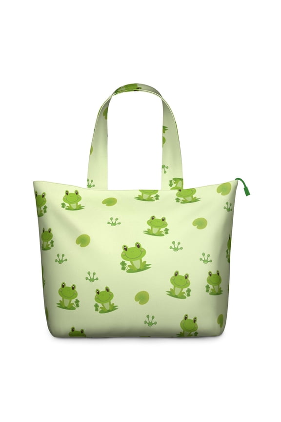Green Frog Travel Duffel Bag, Cute Cartoon Frog Print Weekender Tote, Mushroom and Flower Pattern Lightweight Multipurpose Carry-on Bag
