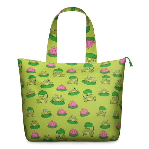 Green Frog Travel Duffel Bag, Cute Cartoon Frog Print Weekender Tote, Mushroom and Flower Pattern Lightweight Multipurpose Carry-on Bag