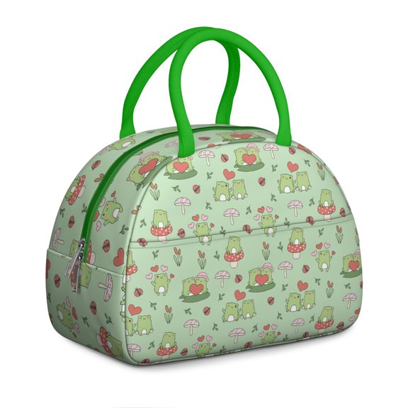 Green Frog and Floral Lunch Bag – Cute Forest Creature with Botanical Elements and Fun Print