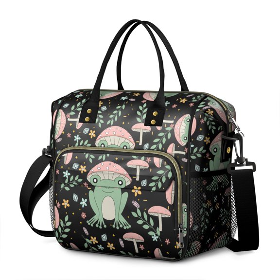 Green Frog and Forest Print Insulated Lunch Tote, Large Leakproof Lunch Box Cooler with Cute Nature Patterns, Perfect for Work, School, or Picnic