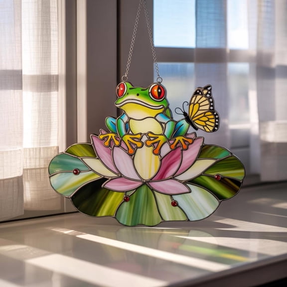 Green Frog on Lotus Acrylic Suncatcher, Lotus Flower Window Hanging, Colorful Nature Decor, Amphibian Window Ornament, Garden Lover Gift