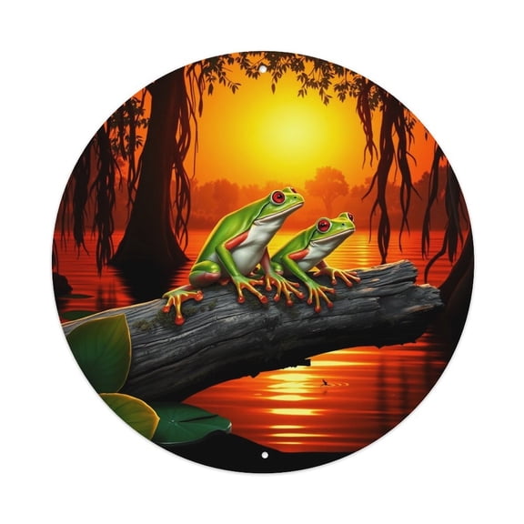 Green Frogs Swamp Sunset7.9x7.9in Round Aluminum Plaque Wall Art, UV Printed Vintage Metal Sign with Pre-Drilled Holes for Home Bar Garage Cafe Decor