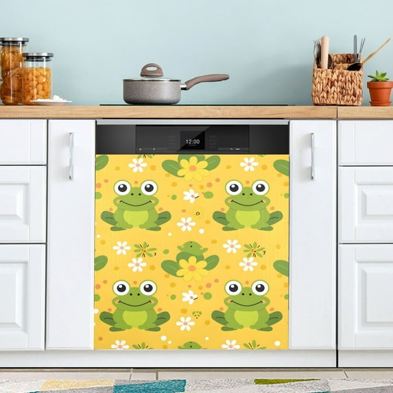 Green Frogs and Flowers Dishwasher Magnet Cover Magnetic Fridge Door Cover Home Kitchen Decor 23"x 26"