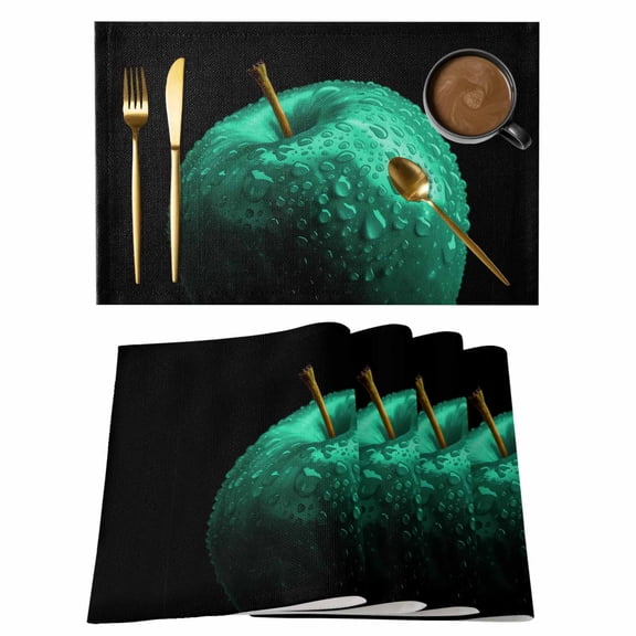 Green Fruit Placemats Set of 12, Modern Minimalist Decor Black Background Placemats for Dining Table, Place Mats for Kitchen Tabletop, Waterproof Wipeable Dining Table Mats Set
