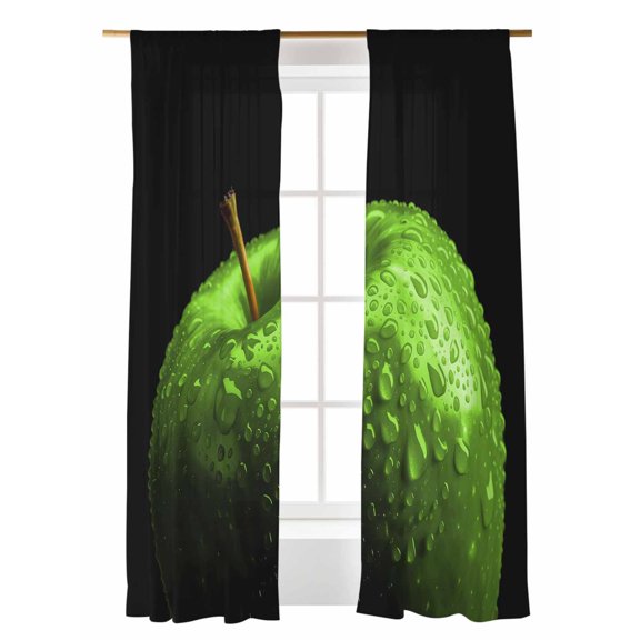 Green Fruit Sheer Curtains 2 Panels Set Berry Drops Black Background Modern Art Lihgt Filtering Rod Pocket Voile Drape, Semi Sheer Window Curtains for Bedroom Living Room, 52"x96"