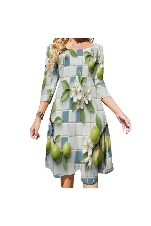 Green Fruits And White Flowers Pattern Women's Fall Dresses Casual Loose Flowy Swing Shift Dress
