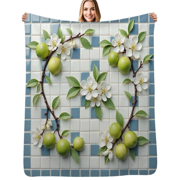 Green Fruits and White Flowers Pattern Flannel Blanket Warm Soft Bedding Throws Winter Camping Chair Sofa Bed