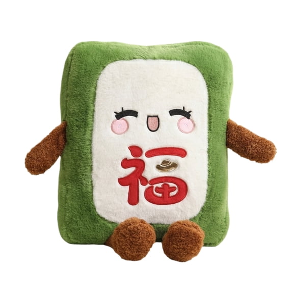 Green "Fu" Mahjong Expression Plush Pillow - Fun Red Middle, Fortune, Wealth Design, 11x15 inch - For Home Decor, Office Napping, Gifting