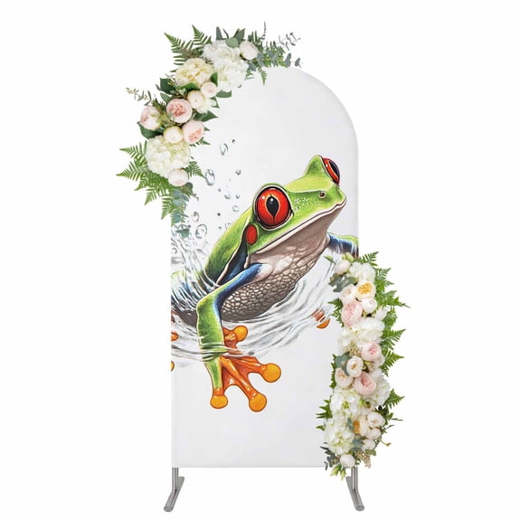 Green Funny Frog Arch Backdrop Cover 4FT, Animal Vintage Artwork Watercolor Spandex Fitted Stretchy Arch Stand Covers, Round Top Chiara Backdrop Cover for Wedding Party Birthday Baby Shower