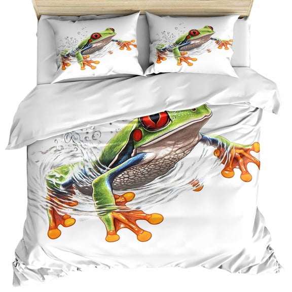 Green Funny Frog Duvet Cover Queen Size, Animal Vintage Artwork Watercolor Comforter Cover with Zipper Closure, 3 Piece Bedding Sets 1 Duvet Cover 90x90 Inches and 2 Pillow Shams