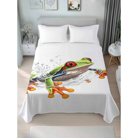 Green Funny Frog King Size Flat Sheet, Wrinkleproof & Fadeproof Cooling Flat Bed Sheet Only, Animal Vintage Artwork Watercolor Breathable Soft Bedding Top Sheets 105 x 98 Inches
